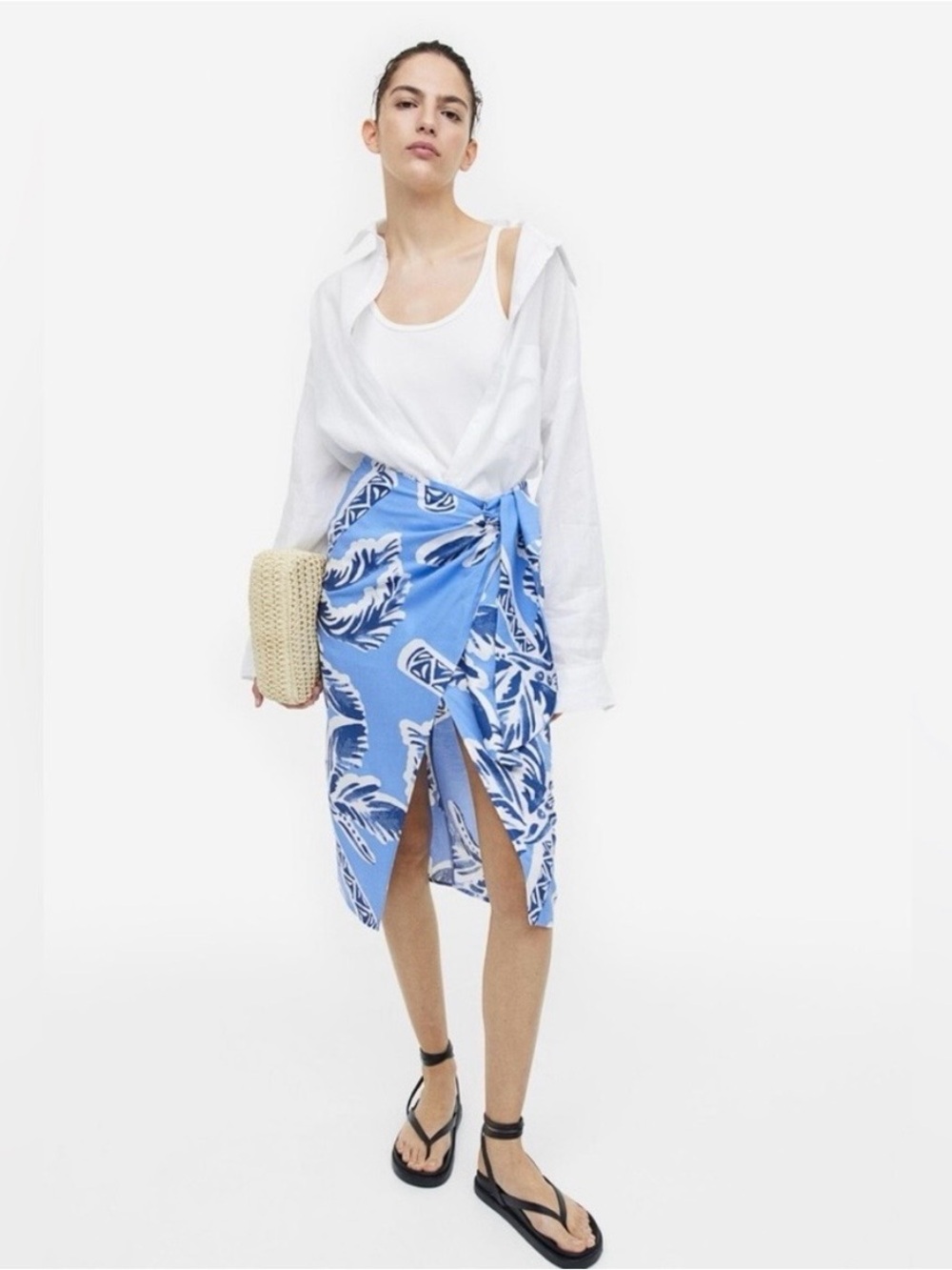 H&M Blue and White Linen-Blend Print Skirt